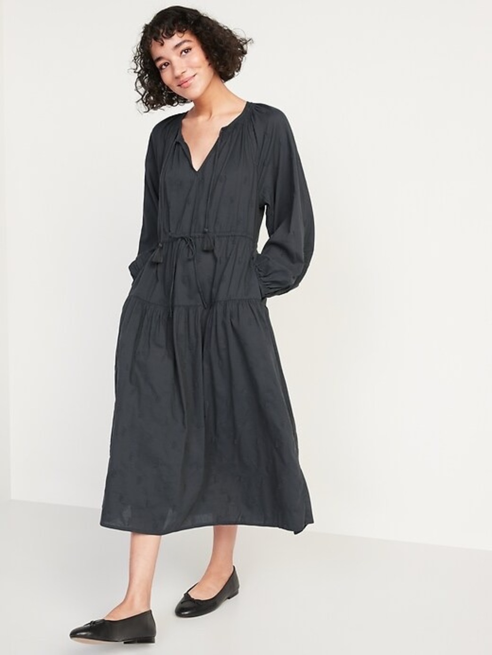 Charcoal Waist Defined Embroidered Long-Sleeve Tiered Midi Dress Cottagecore